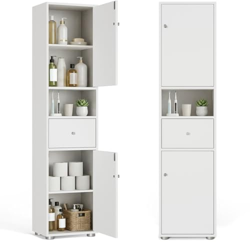 HOKEEPER Badezimmerschrank Weiß Schmal – Beistellschrank mit Schublade & offenem Fach – Freistehender Hochschrank für Badezimmer, Wohnzimmer & Schlafzimmer – Platzsparende Badkommode aus Holz