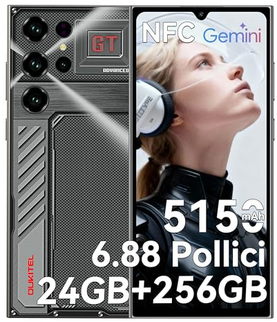 OUKITEL C61 GT Telefonos Moviles Libres - 24GB RAM+256GB ROM/TF 1TB 6,88 Pulgadas HD+ 90Hz Telefono Movil, 5150mAh, Android 15 Smartphone,13MP+5MP,Gemini AI/4G Dual SIM/Face ID/Fingerprint/NFC-2026