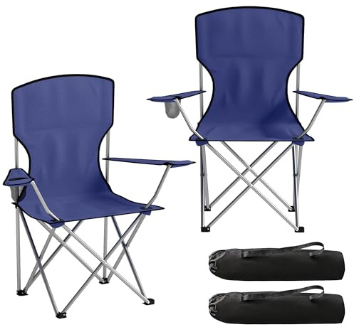 Outsunny Lot de 2 Chaises de Camping Pliantes Accoudoirs 120 kg Bleu Foncé | Porte-Gobelet, Sac de Transport, Dossier Haut, Chaise Pliante Camping, pour Jardin Pêche