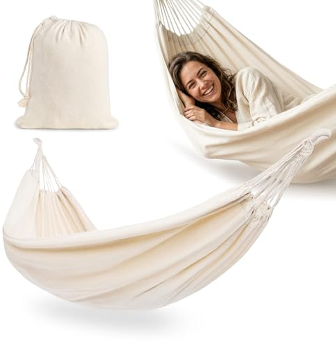 HyperMotion Hängmatta i bohemisk stil, 200 x 150 cm, 50% bomull, 50% polyester, maximal belastning 100 kg, bärväska ingår, beige färg