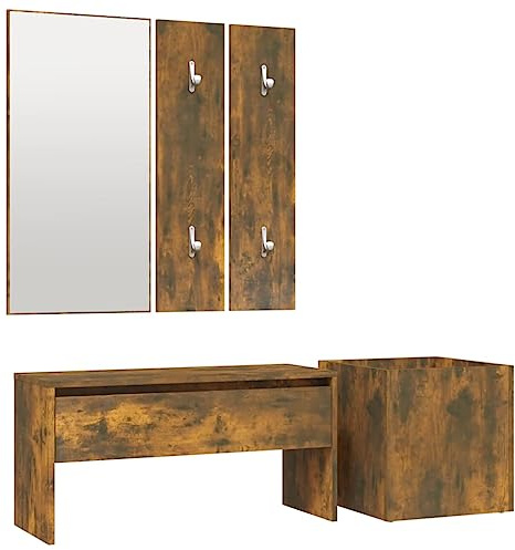 Mhdvray Ensemble de Meubles d'Entrée 5 Pièces, Vestiaire de Couloir avec Banc de Rangement, Miroir, 2 Panneaux de Porte-Manteaux et Jardinière, Chêne Fumé, Bois d'Ingénierie, 80 cm