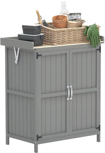 Outsunny Trädgårdsskåp trä, utrustningsskjul väderbeständigt 74 x 43 x 88 cm, verktygshus med fällbart takhyllor, arbetsyta, verktygsskåp, trädgårdsskjul för trädgård, grå