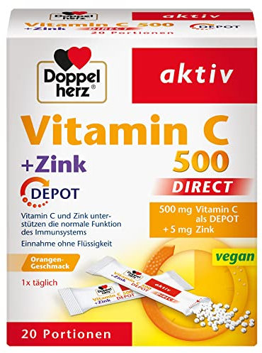 Doppelherz Vitamin C 500 DIRECT mit DEPOT-Effekt - Mit Zink & Vitamin C zur Unterstützung der normalen Funktion des Immunsystems - Vegan - 20 Portionen Micro-Pellets mit Orangen-Geschmack