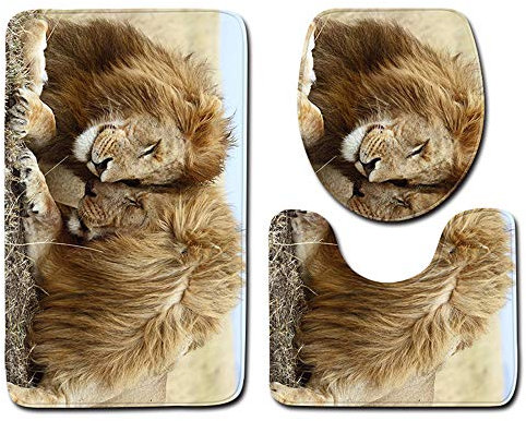 EU-VV Badteppichset Soft Flanell 3-teilig Badematte Pedistal Rug Und WC-Abdeckung Löwenwelt (Löwe 3)