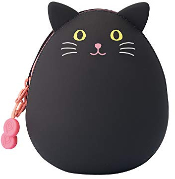 LIHITLAB PuniLabo Mini blixtlåsväska, äggformad, svart katt (A7782-3), Medium: 2,2 × 6,1 cm