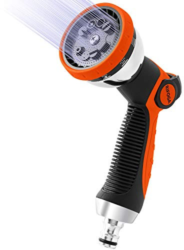 RIFOGA Gartenbrause Garten-Handbrause Premium 10 Funktionen | Garten-Spritzpistole für alle gängigen Gartenschlauch-Systeme | Spritzdüse | mit Feststellfunktion | Drücke bis 10 bar | Orange