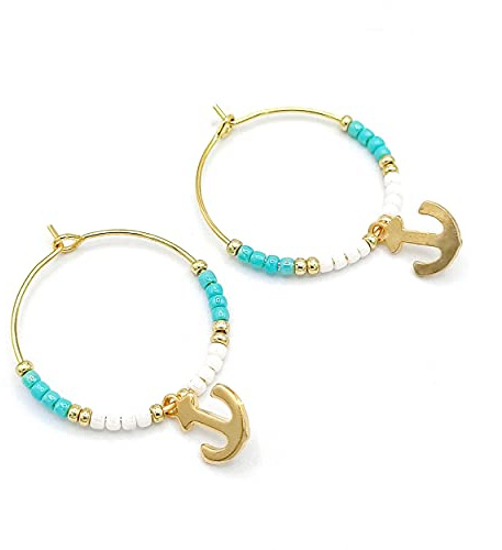 Créoles dorées décorées de perles bleu ciel avec breloque ancre, acier inoxydable, waterproof, 2,5cm de diamètre