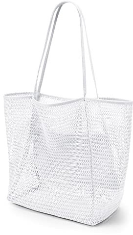 KALIDI Strand-Netz-Tragetasche, lässige Tragetasche, Hobo, Damen, faltbar, max. 23 l, Schultertasche für Strand, Picknick, Urlaub, Weiss/opulenter Garten, 23L