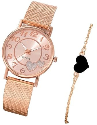 Genérico Damenuhr Heart Quarz, analog, rundes Zifferblatt, mit zwei Herzen und passendem Kettenarmband, Roségold, verstellbares Armband., Rose gold, Armband