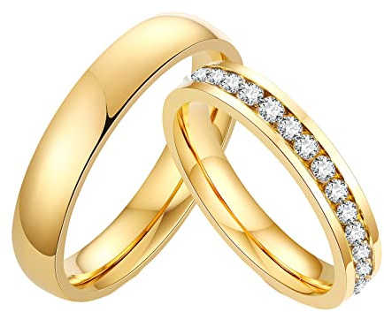 Beydodo Bague pour Couple Personnalisable, Alliance de Mariage Acier Couple Taille 57 et 65 Bague en Or 4 mm avec Zirconium