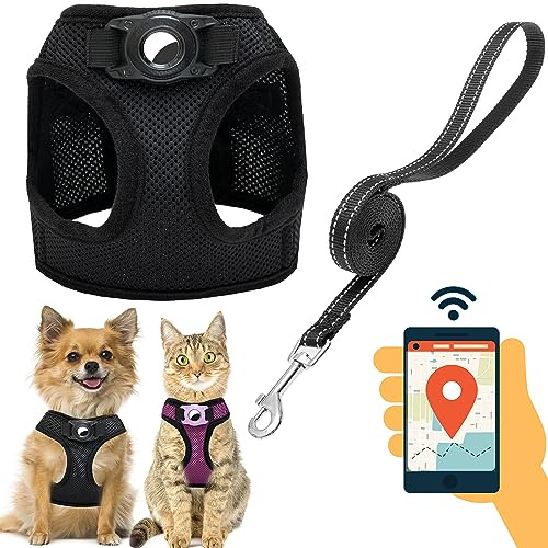JVVGPET Pettorina per cani con supporto Airtag, per cani di piccola taglia, cuccioli, gatti, senza tirare, imbracatura per cani di piccola taglia e guinzaglio riflettente per cani, per addestramento e