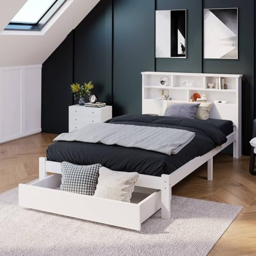 Sweiko Cadres de lit 90x200cm,Lit Simple en Bois Massif avec tiroirs et sommier à Lattes, lit de Type bibliothèque pour Adolescents et Enfants Adultes,Blanc (sans Matelas)