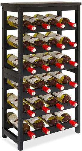 STELLSTAR 24 Flasche Weinregal freistehend Boden, 6 Tier Wein Display Lagerung Regale mit Tischplatte, Bambus Weinflaschenhalter Stand mit Wave Bars für Küche Esszimmer Speisekammer, schwarz