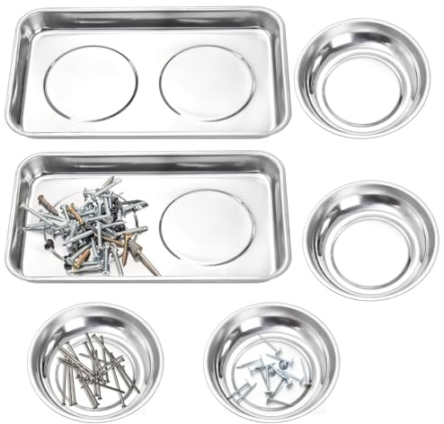 Okllen 6 Pcs Magnetic Parts Tray Set, Stainless Steel Heavy Duty 9.5W x 5.5''L Square and 4 1/4 Round Extra Strong Magnetic Tool Trays Holder for Socket Screw Nuts Bolts Metal Parts