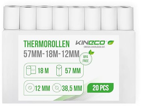 Kineco Ec-Cash Kassenrollen 57mm x 18m x 12mm - Thermorollen, Thermopapier, Bonrollen für Bankomat - Kredit-Kartenlesegeräte (57x38,5x12) 20 Rollen