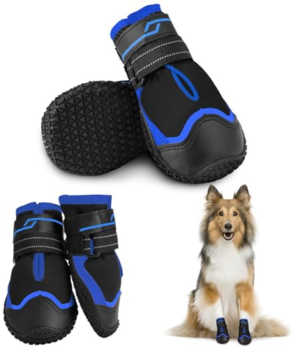 NeuWee Scarpe per Cani, 4 Pezzi Stivali per Cani, Scarpe Antiscivolo per Cani, Scarpe per Cani Impermeabili con Cinghie Riflettenti per Cani di Taglia Piccola, Media e Grande (Blu, 7#)