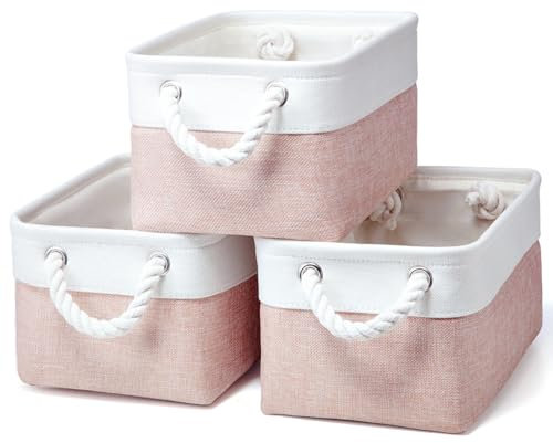 PWVMWM Small Storage Box With Handles, Small Storage Baskets As Gift Basket for Toys Towels Makeup, Folding Canvas Fabric Material Storage Box for Dog Cat Toy Box, 31 X 21 X 16 cm (White Pink-3pack)