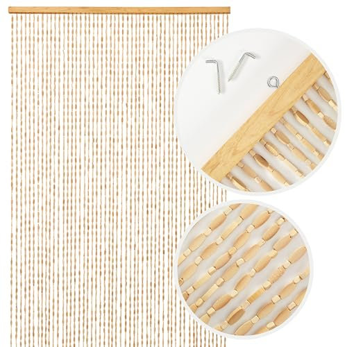 NOVECRAFTO Universal Wooden Beaded Door Curtain with Hooks - 35.4x78.7 in (90x200 cm) - Handmade Hanging 52 Strands Curtain Beads for Doorways, Room Partition - Light Brown Wood Bead Pattern