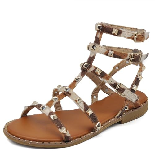 IF Fashion Zapatos Sandalias Chanclas Gladiador Botas de Verano para Mujer Con Tachuelas Piel Sintética 6868-136, 101 Camel Manchado, 36 EU