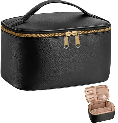 Large Makeup Bag Toiletry Bag, Leather Vanity Case for Water-Resistant, Flat Lay Makeup Bag with Compartments for Brush/Lipstick, Travel Make Up Bags for Women, Black