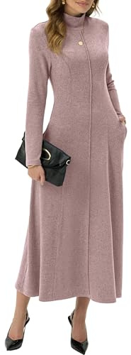 GRECERELLE Dam maxiklänning polokrage långärmad höst vinter elegant vardaglig arbete dejt lounge stretchiga långa klänningar för damer med fickor, Puderrosa, L