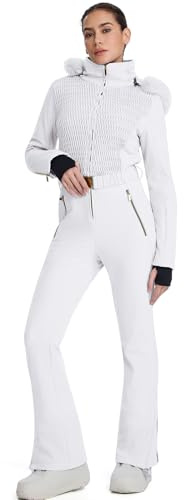 HOTIAN Tuta da sci da donna, impermeabile e antivento, con cappuccio, per neve e sci, tuta invernale calda, bianco, M