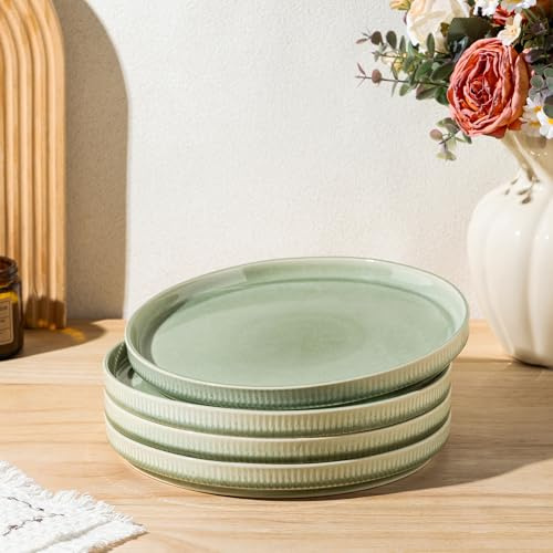 GBhome Middagstallrikar i stengods set med 4, handgjorda reaktiva glasyr, keramiska tallrikar (27 cm), rustikt ribbat fat för kök, mikrovågsugn och diskmaskinssäker, repbeständig – tyst grön