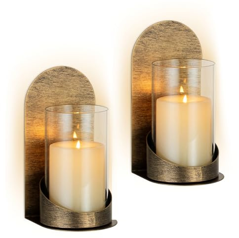 Sziqiqi Rame Portacandele da Parete Vintage: Applique Set di 2 con Vetri Antivento - Supporti Metallici da Parete per Candele a Colonna come Arte Murale per Soggiorno Bagno Camera Camino Corridoio
