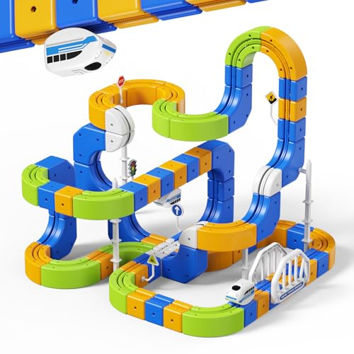 Tren Eléctrico Niños, 225 Piezas(80Bloques + 2 Trenes) Tren Juguete, 3D DIY Rail Cube Train Track Set, Juegos Regalo para Niños Niñas 3 4 5 6 7 8 Años