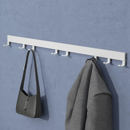doporro Perchero de Pared con 8 Ganchos Deslizables y Desmontables, Aluminio, Instalación con Taladro, Diseño Ajustable, Blanco Mate, 80 cm, Stalo-10