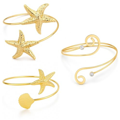 Mikovivi 3pcs Arm Cuff Jewelry Set for Women, Adjustable Open Upper Arm Bangle Bracelet with Starfish Shell & Spiral Design Beach Armlet for Summer Vacation