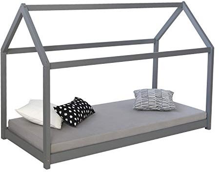 Homestyle4u 1853, Hausbett 90x200 cm Kinderbett Grau Montessori Bett Bodenbett Bettgestell mit Lattenrost Holz Kiefer