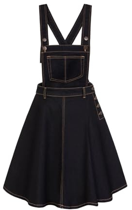 Hell Bunny Dakota Denim Pinafore Dress (Large, Black)