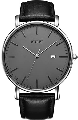 BUREI Ultra Dünne Uhren Herren Analoges Datum Armbanduhr Herren mit Japanisches Quarzwerk, Geschenke für Männer (Waffenfarbe, Leder)