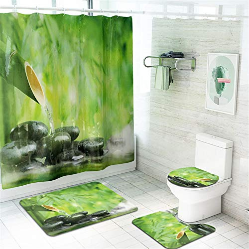 Morbuy Juego de 4 Piezas de Alfombra de baño Antideslizante + Tapa de Inodoro + Alfombrilla de baño + Cortina de Ducha, Impresión de paisajes Naturales (Bambú)