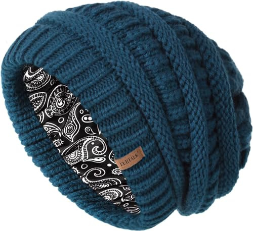 FURTALK Slouchy Beanie Hats for Women Satin Lined Knitted Hat Double Layer Soft Warm Winter Beanie Hat for Girls Blue