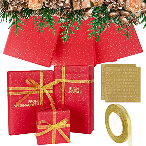 3PCS Papier d'Emballage Rouge 54 x 76cm + Autocollant du Lettre + Ruban de Soie Or pour Cadeau Emballage Mariage Naissance Anniversaire Fête Halloween Carnaval