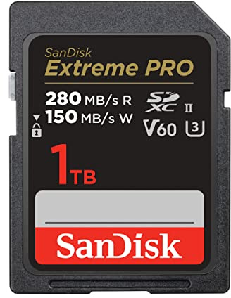 SanDisk 1TB Extreme PRO SDXC card, SD Card, V60 Memory card, 6K & 4K UHD, up to 280 MB/s, Shock, Temperature, Water and X-Ray Proof, RescuePro Deluxe data recovery software, UHS-II, Class 10, U3