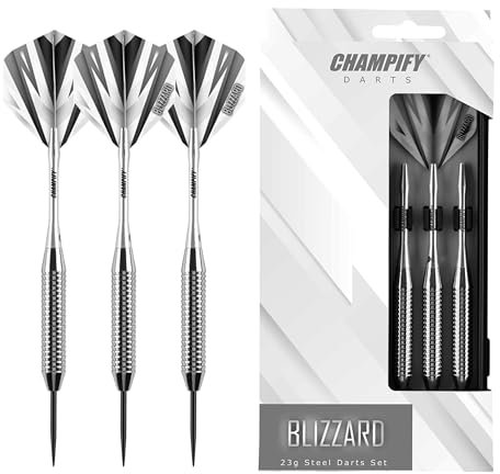 Champify® Messing Darts Set “Blizzard” mit 23g Barrel und Stahlspitze | 3 Dartpfeile mit 6 Schäften & Flights | inkl. weiteres Zubehör | Dartpfeile mit Stahlspitzen ideal für Dart Anfänger