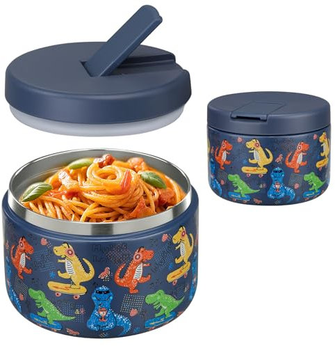 Pawtong 12oz Insulated Vacuum Food Jar with Buckle Lid Wide Mouth Soup Thermo for Hot Food Kids Leakproof Stainless Steel Lunch Container (Blue-Dinosaur)