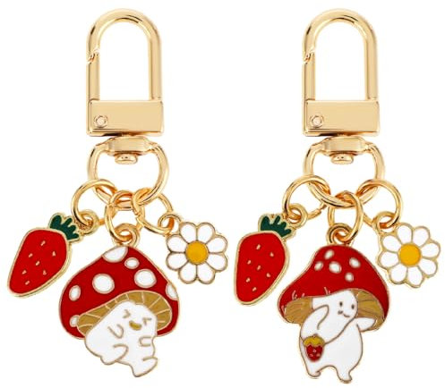Bewudy 2pcs Pilz Schlüsselanhänger, Niedlicher Anhänger Schlüsselanhänger, Edelstahl Schlüsselanhänger Schlüsselanhänger Ring Zubehör Schlüsselhalter Tasche Anhänger Geschenk Schmuck für Weihnachten