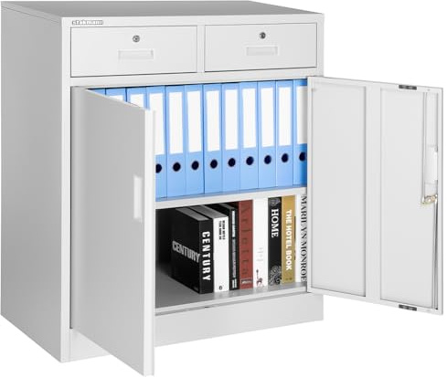 Armadio in Metallo da Arredo Ufficio con 2 Chiavi e Serratura, Armadietto Grigio Ideale per Garage, Casa, Lavoro, Mobile Archiviazione Faldoni, Archivio Studio Porta Documenti (2 Ante / 2 Cassetti)