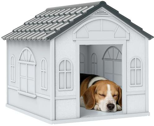 PawHut Plastic Dog House for Medium and Small Dogs, Water Resistant Puppy Shelter Indoor Outdoor with Door, Easy to Assemble, Gray