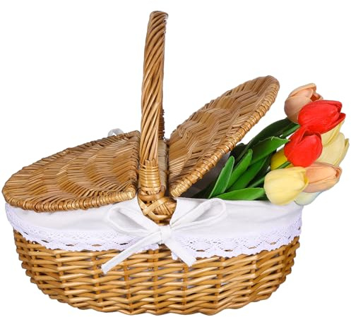 Toddmomy 1 cestino da picnic in vimini con coperchio e manico, cesti da picnic vuoti in stile vintage per picnic campeggio all'aperto S