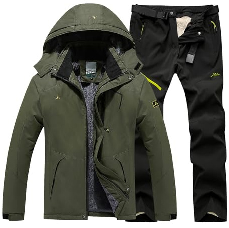 Ski Jacket and Pants Set for Men UK 2024 Snowboard Suit Plus Size Warm Cotton Hoodie Top & Fuzzy Fleece Lined Trousers Waterproof Stylish Snowsuit Winter Warm Wood Lined Windproof Mountain Suits Grey
