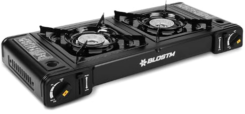 BLOSTM Fornello a Gas Portatile da Campeggio - Fornello da Campeggio a Doppio Bruciatore con Sistema di Accensione Automatica, Controllo della Temperatura - Uso con Gas Butano o GPL - Fornello da