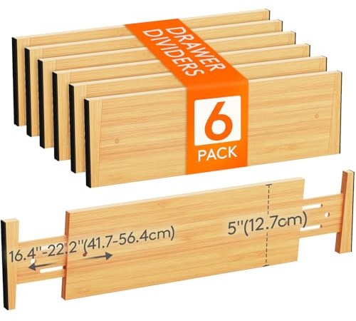 Lifewit 5 High 6 Pack Bamboo Drawer Dividers 45-55cm/17.5-22 Adjustable Wooden Drawer Organiser for Clothes, Expandable Kitchen Drawer Dviders, Drawer Separator in Bedroom/Bathroom/Dresser/Office