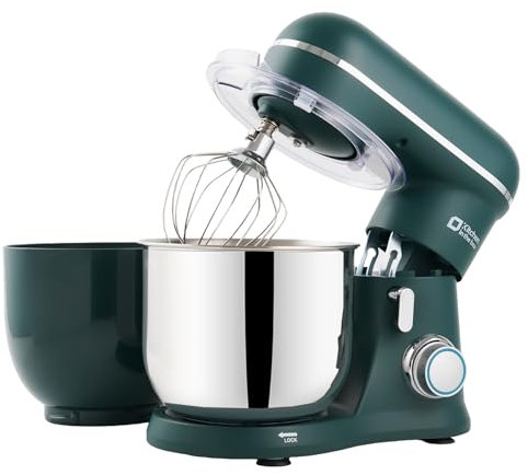 Kitchen in the box Batidora Amasadora, Pequeña Amasadora de Pan con 2 Boles de 3,5 L, 10 Velocidades, Robot de Cocina Ligero con Batidor, Gancho Amasador y Batidora Mezcladora (Verde Oscuro)