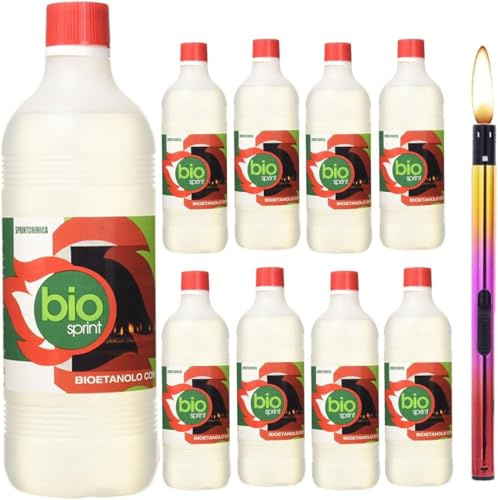 Bioetanolo – Alcool Etilico Vegetale Denaturato 9 x 1 litro – Combustibile Ecologico e Inodore – Con Accendino in Metallo Ricaricabile 21cm in Omaggio