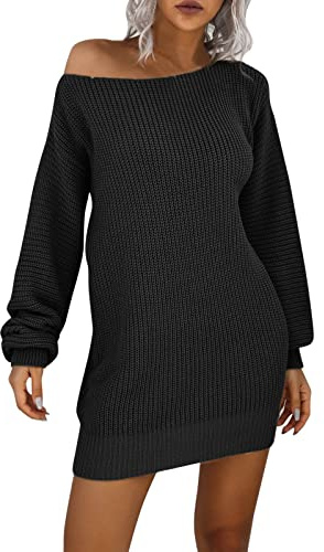 Generisch Jersey de mujer con hombros descubiertos de punto grueso suéter largo, Negro , XL